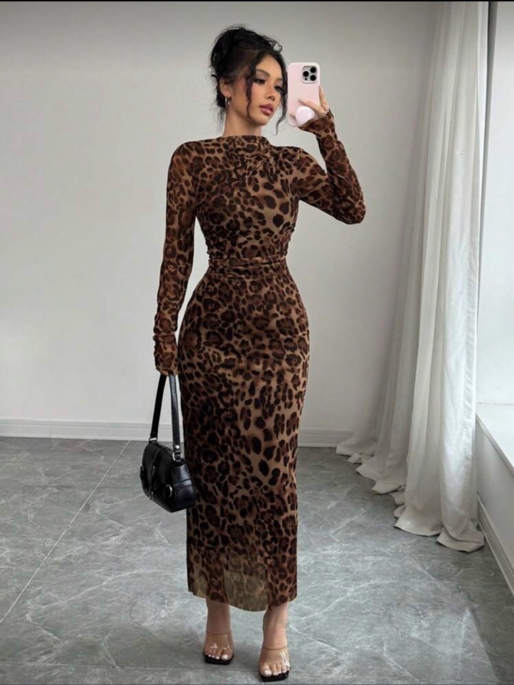 Leopard Print Long Sleeve Midi Dress - Brown Sz Small